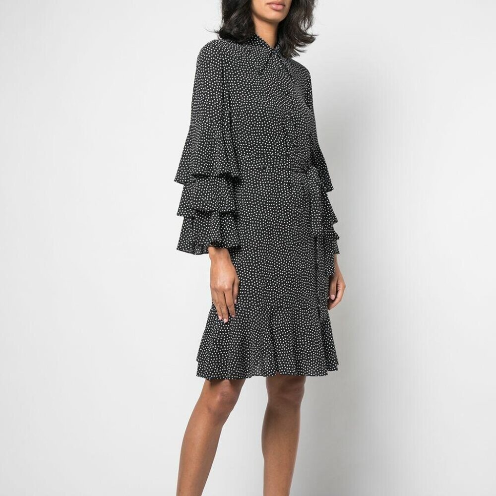 Michael Kors Collection Silk Tiered Sleeve Shirtdress in Black/Ivory Dots Size 2